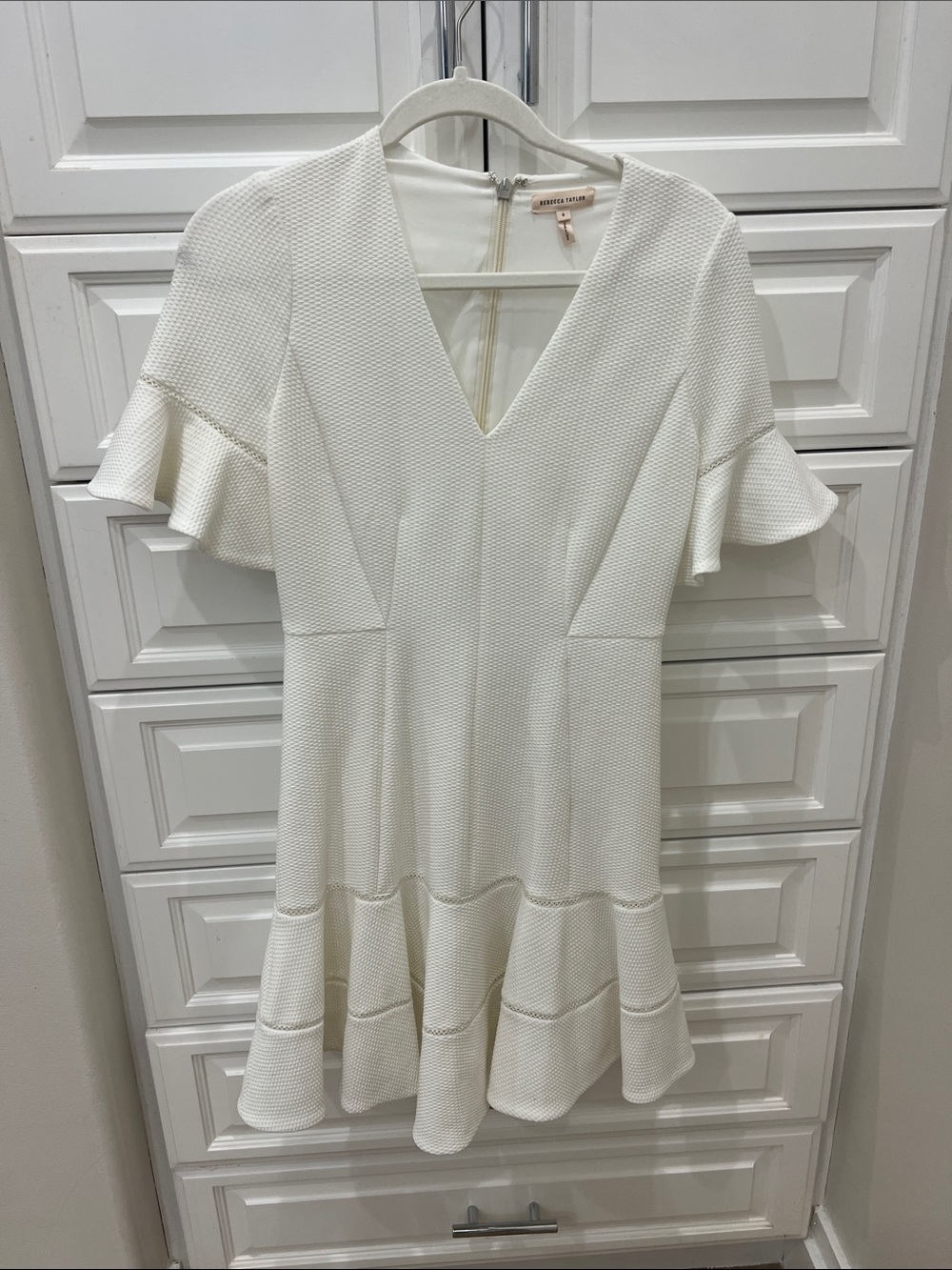 Rebecca Taylor White V‑Neck Ruffle Sleeve Mini Dress
